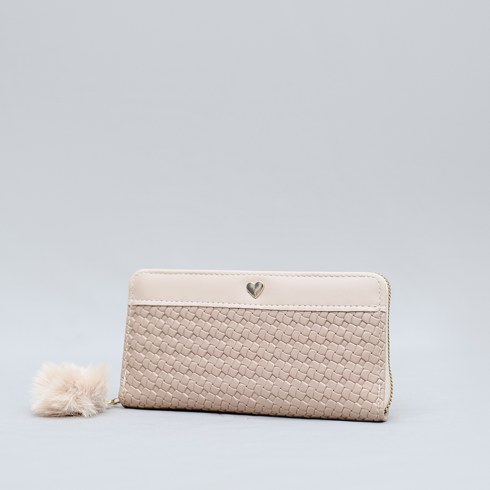 Elegant Beige Woven Wallet with Heart Charm